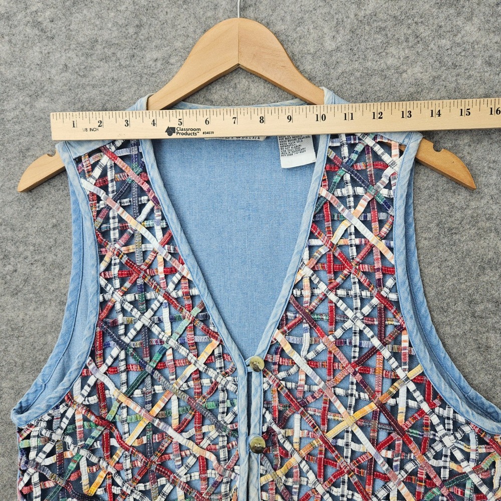 Casey & Max Women's Blue Denim Vest Size M Cotton Woven Lattice Patchwork V-Neck - Picture 3 of 6